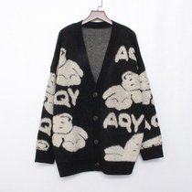 Cashmere thickened mid-length bear sweater womens 2022 autumn and winter loose and lazy v-neck knitted cardigan coat