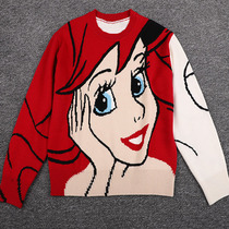 GIILCD The Little Mermaid Fun Wool Pullover Sweater Womens Autumn and Winter Fashion Western Style Round Neck Knit Sweater Top