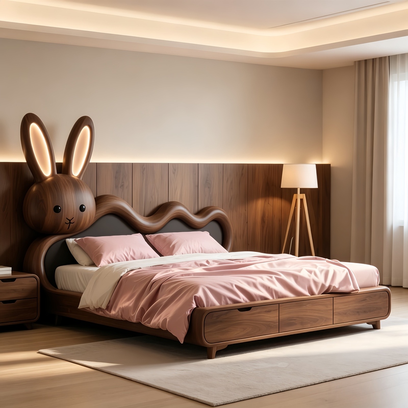 New Chinese-Style Bed with a Childlike Feel, Warm Walnut Wood Double Bed, Exquisite Noise Reduction, Eco-Friendly Storage, Safe Large Bed