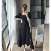 Goo Custom Black Dress Dress Woman 2022 Summer New Square Collar Slim Irregular Open Fork Temperament Long Dress