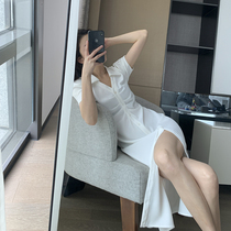 FT GUOGE white dress dress Women 2022 Summer new V collar Waist Display Slim Temperament goddess Fan Long dress