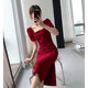 FTGUOGE red dress female 2023 summer new square collar high-end waist slimming French toast engagement dress