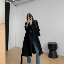 Gogo customized 2020 spring new Korean version of black slim double-sided cashmere coat medium-length woolen coat female