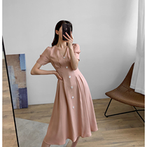Pink V-neck mid-length temperament A-line skirt female 2020 spring new French retro high waist large swing dress female