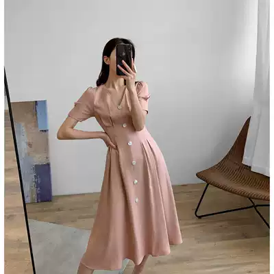 Pink V-neck long version of temperament A- line dress female 2020 Spring New French retro high waist pendulum dress women