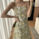 FTGUOGE Green Suspender Dress Women 2023 Summer New French Waist Slim Seaside Vacation Floral Dress