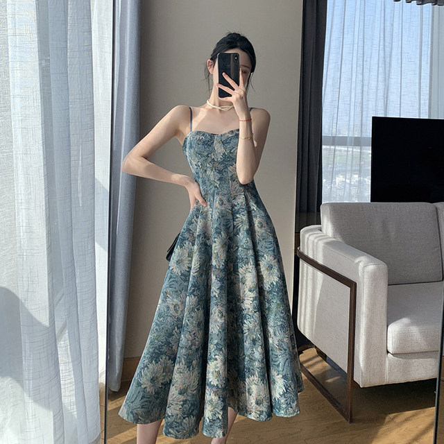 FTGUOGE floral sling dress female 2023 summer new French style thin seaside holiday long skirt