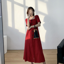 Red one-piece dress 2022 spring autumn new temperament short sleeve square collar over knee long vintage retro Hepburn small red dress