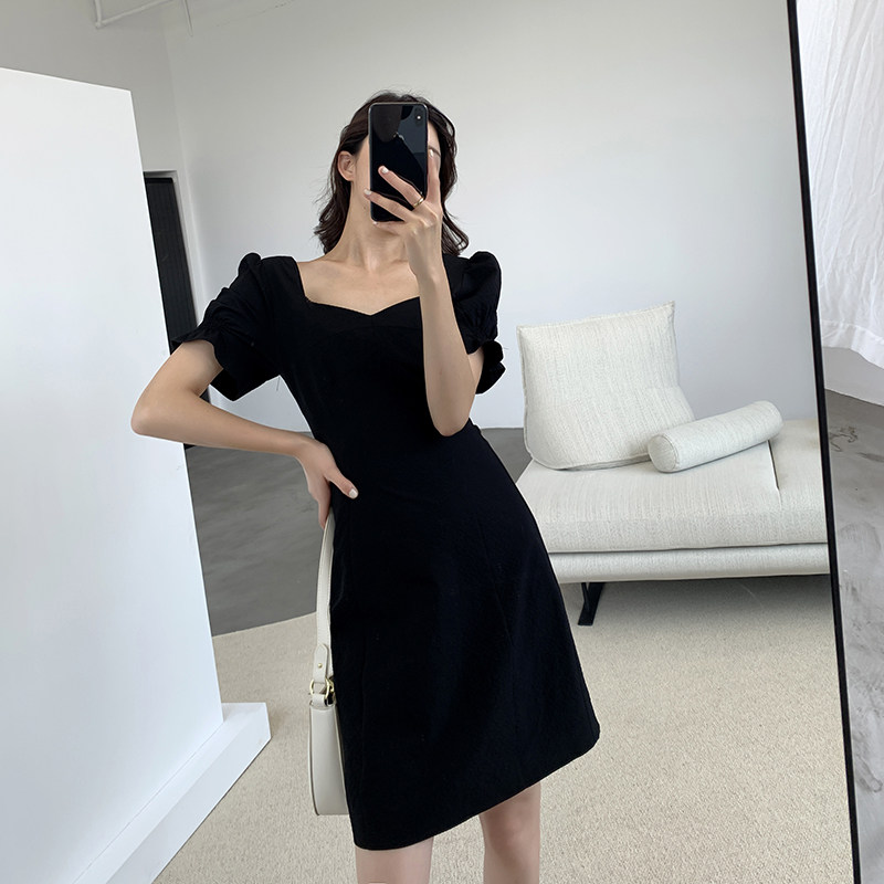 Goo Custom Black Ocean Dress Woman 2022 new summer dress square collar Herbenstyle Cashew Style Temperament Little Black Dress