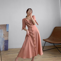 Pink V-neck mid-length dress female 2020 spring Korean design sense careful over-the-knee French retro long skirt