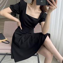 FT GUOGE black one-piece dress woman 2022 Summer new square collar French style retro Hepburn Ethos Little Black Dress