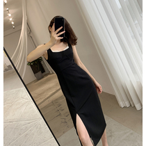 Black one-piece dress woman 2022 Summer new sleeveless side collar collection waist display slim small heart machine side open fork a word dress