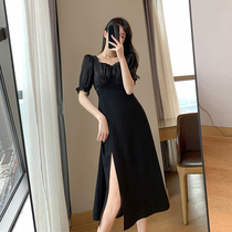 Goo Custom Black Dress Dress Woman 2022 Summer New square collar Slim Hburn Side Open Fork Temperament Long Skirt