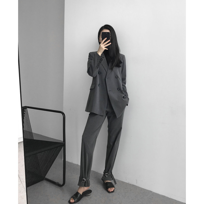 Gray Striped Small Suit Design Sense Casual Fashion Set Women 2021 Spring Two Piece Korean Suit Jacket