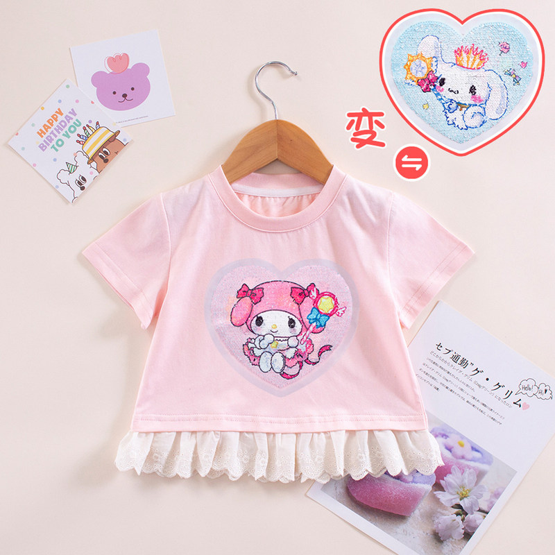 Sequin Color-Changing Clothing Children's Lace Top 2026 New Girls' Sequin Pattern-Changing T-Shirt Short-Sleeve Thin Summer Style Sequin Color-Changing Clothing Children's Lace Top 2026 New Girls' Sequin Pattern-Changing T-Shirt Short-Sleeve Thin Summer Style