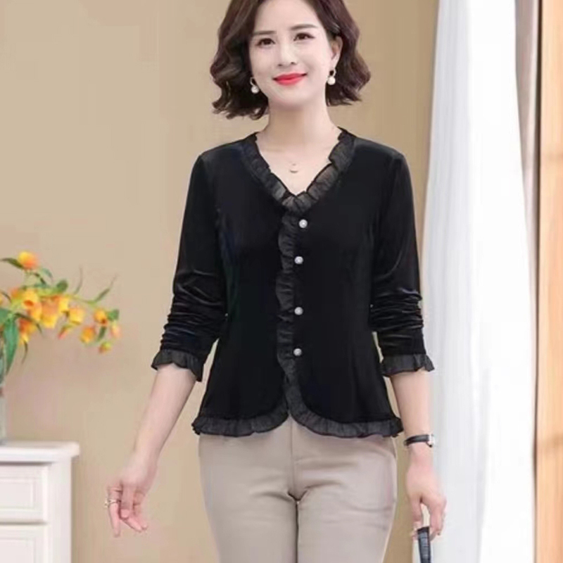 Velvet Early Spring New Lace-Trimmed Collar Top for Women, Stylish and Fashionable V-Neck Long-Sleeve Base Shirt for Moms, Versatile Velvet Early Spring New Lace-Trimmed Collar Top for Women, Stylish and Fashionable V-Neck Long-Sleeve Base Shirt for Moms, Versatile