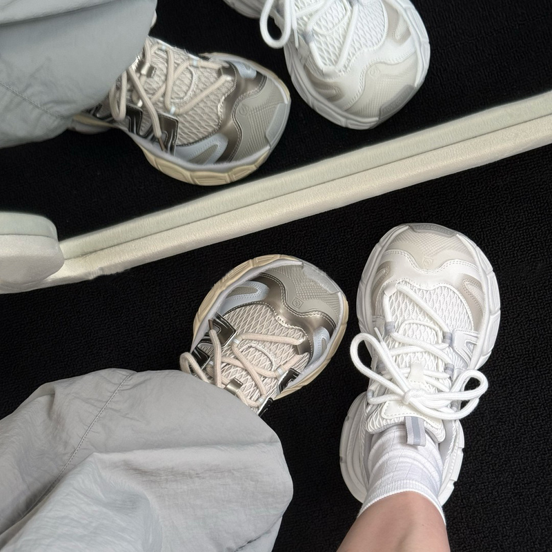 European Genuine Leather Mesh Dad Shoes for Women, 2026 Spring New Thick-Soled Kapibara Casual Light Running Sneakers