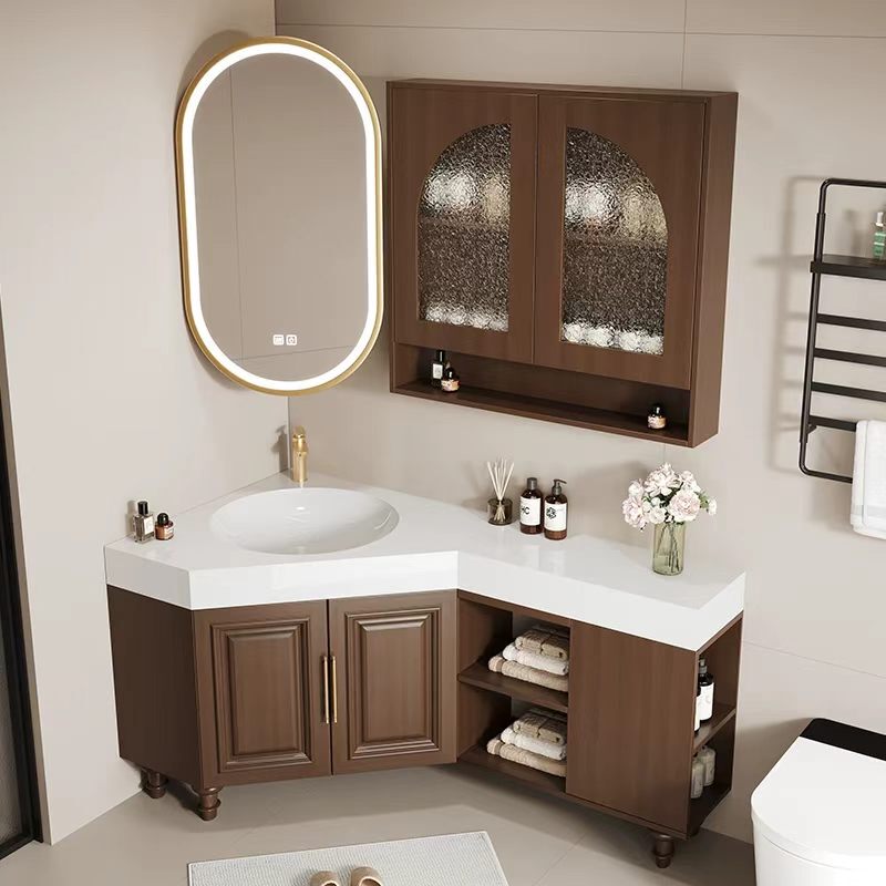 American-Style Mid-Century Oak Corner Bathroom Cabinet with Smart Mirror Combination, Seamless Ceramic Basin, Solid Wood Bathroom Cabinet