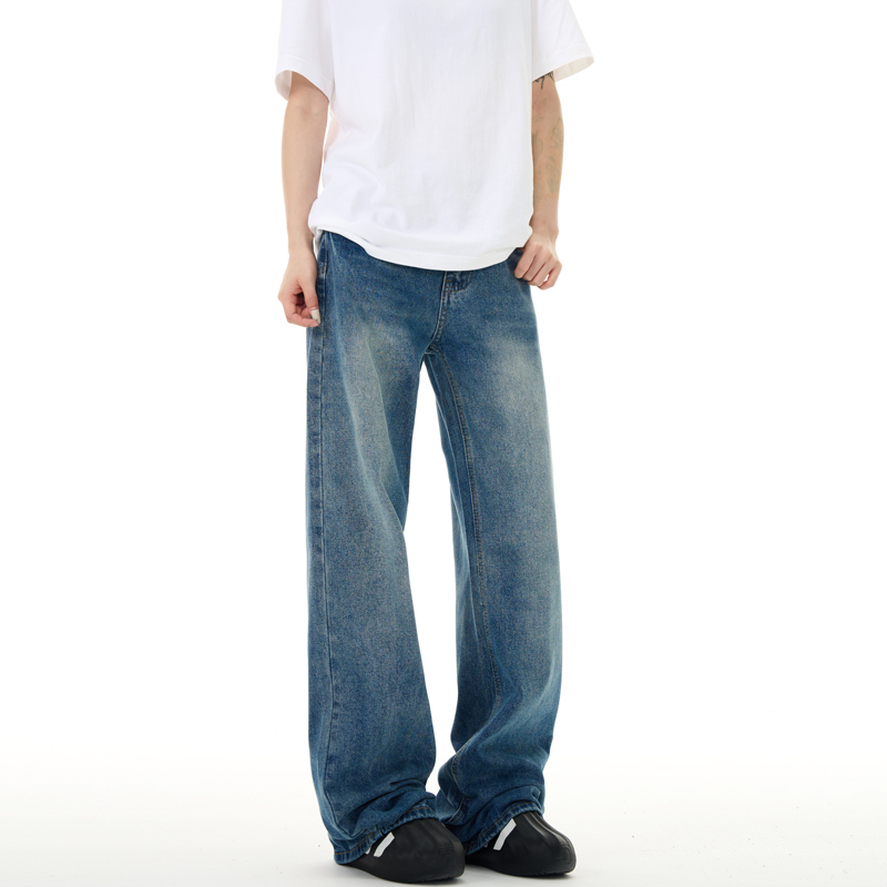 Yeboun American Retro Cleanfit Dark Blue Jeans for Men, Slightly Flared, High Street, Wide-Leg, Loose Straight Pants