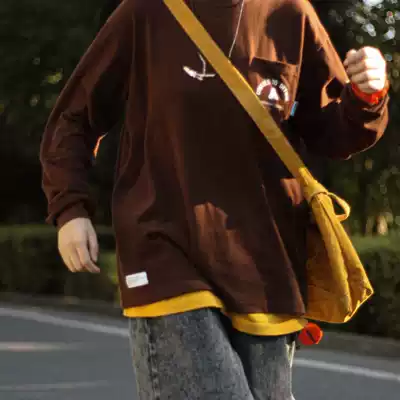 Nobodyknows original homemade base loose simple pocket small print men's and women long sleeve thick cotton TT shirt