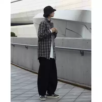 Nobodyknows new Japanese vintage plaid loose casual simple couple long sleeve thin shirt