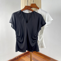 Show off your slim waist ~ pinch waist pleated silk v-neck top for women fashionable and versatile summer waist slimming mulberry silk T-shirt