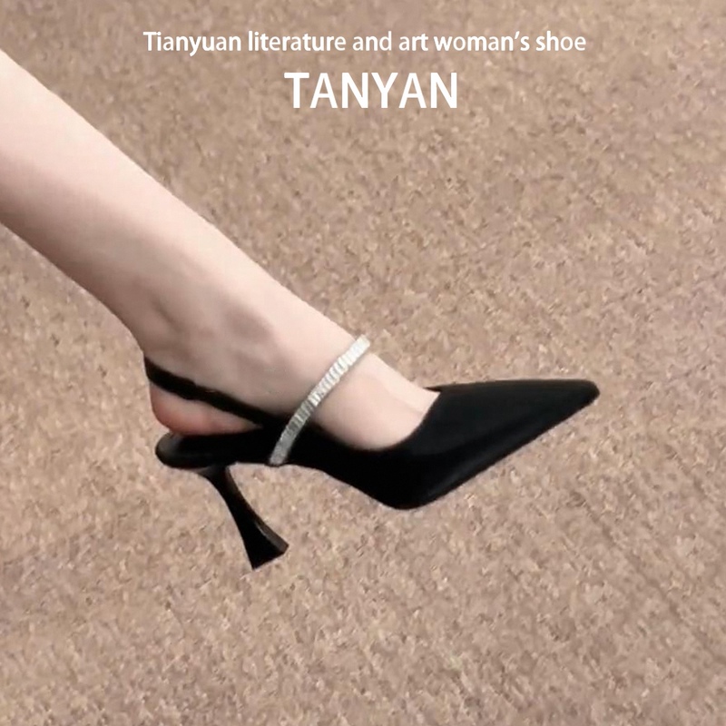Black Sandals for Women, 2026 New Style, Closed-Toe, Rhinestone, French Style, Shallow Mouth, Satin, Pointed Toe, Stiletto High Heels