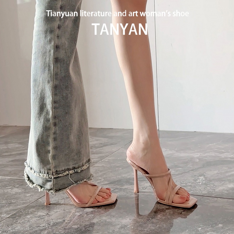 Nude Color One-Strap Sandals for Women 2026 New Summer Outerwear High-End Sandals Square Toe Open Toe Stiletto High Heels