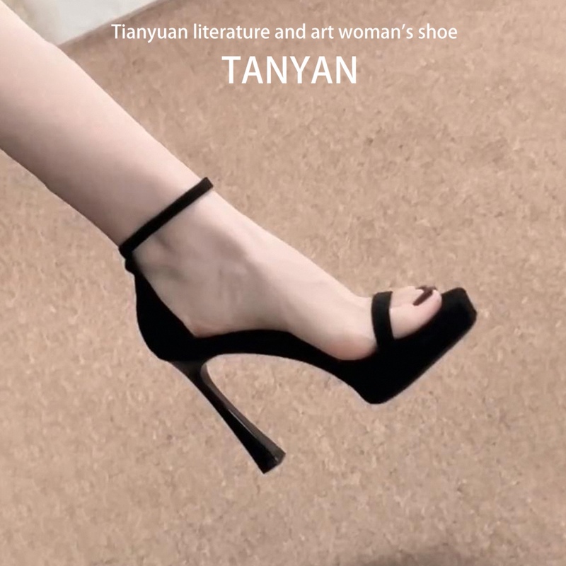 Black Waterproof Platform High Heels for Women 2026 New Summer Style, Stunning for Outdoor Wear, Single Strap, Comfortable, Stiletto, Open-Toe Sandals