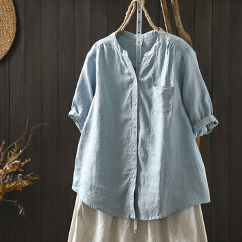 2026 new fashionable summer women's summer pure linen shirt short sleeve single pocket design blue shirt