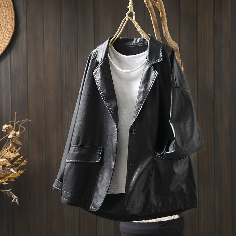 Women's Leather Jacket 2026 New Spring Trendy Popular Style Suit Collar Cool and Stylish Black Pu Jacket Trendy