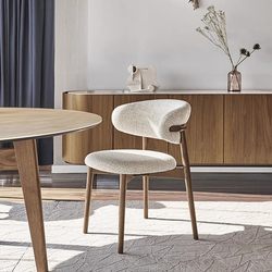 Solid Wood Dining Chair, Nordic Style, Light Luxury, High-End Feel, Simple Backrest Chair, Walnut Color, White Textured Fabric Dining Chair