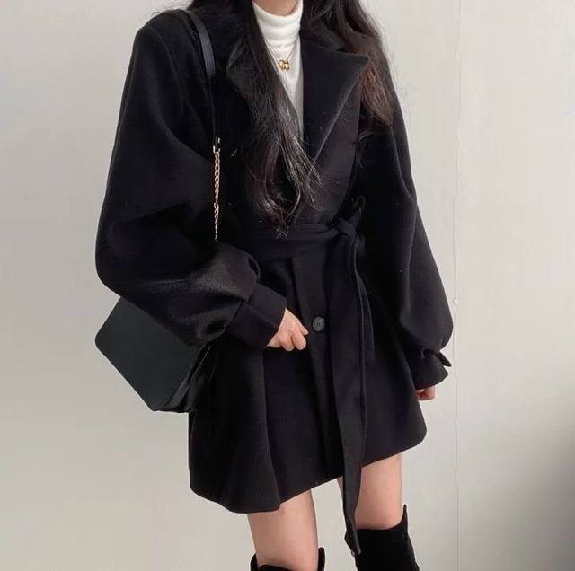 Woolen coat women's winter small mid-length suit collar thickened tie slimming coat lantern sleeves plus cotton windbreaker