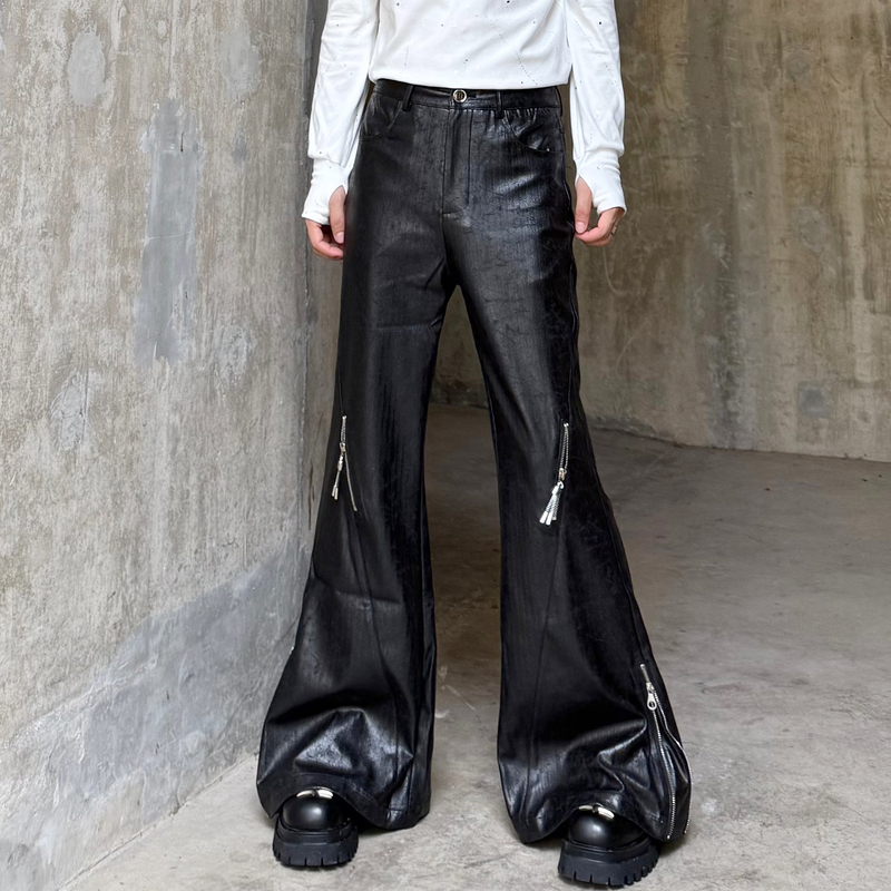 Big Wisdom Black Micro-Flared Faux Leather Pants for Men, Niche Zipper Design, Textured Glossy Striped Trousers, Trendy