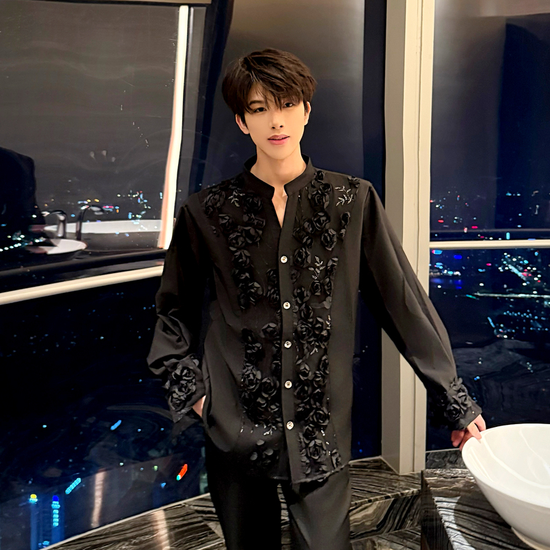 Big Wisdom Black Long-Sleeved Shirt for Men, Niche Three-Dimensional Rose Design, Loose and Cool Shoulder-Padded Shirt