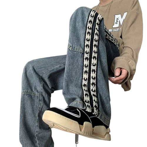 Плетеные джинсы, ретро штаны, свободный прямой крой, в американском стиле, оверсайз