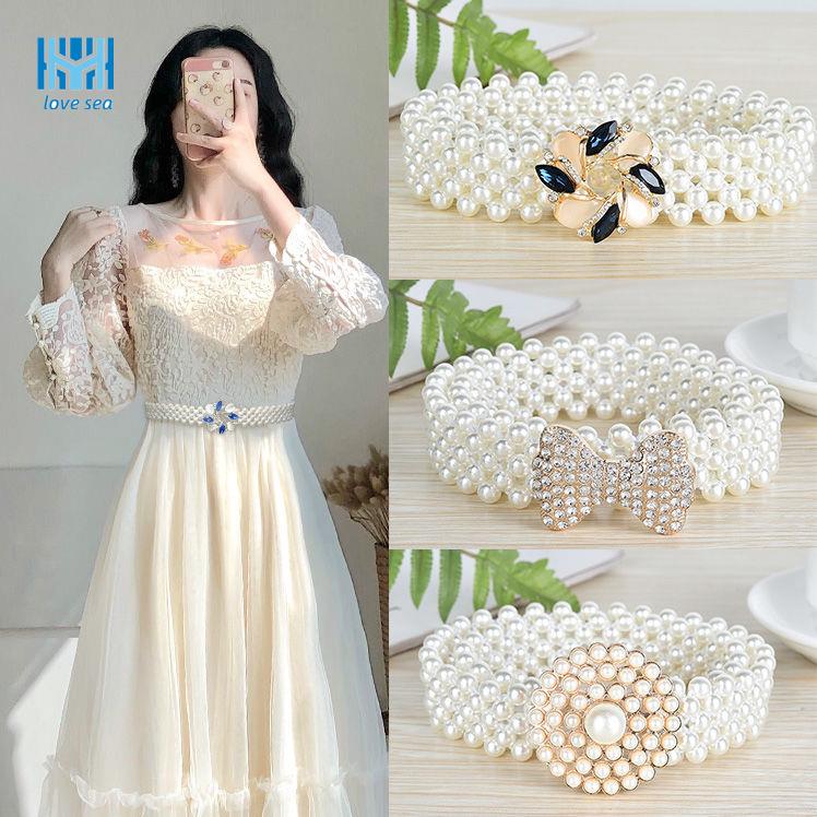 Pearl belt woman decorative skirt collection waist 100 hitch student Korean version inlaid drill fine waist tightness elastic waist chain female fashion