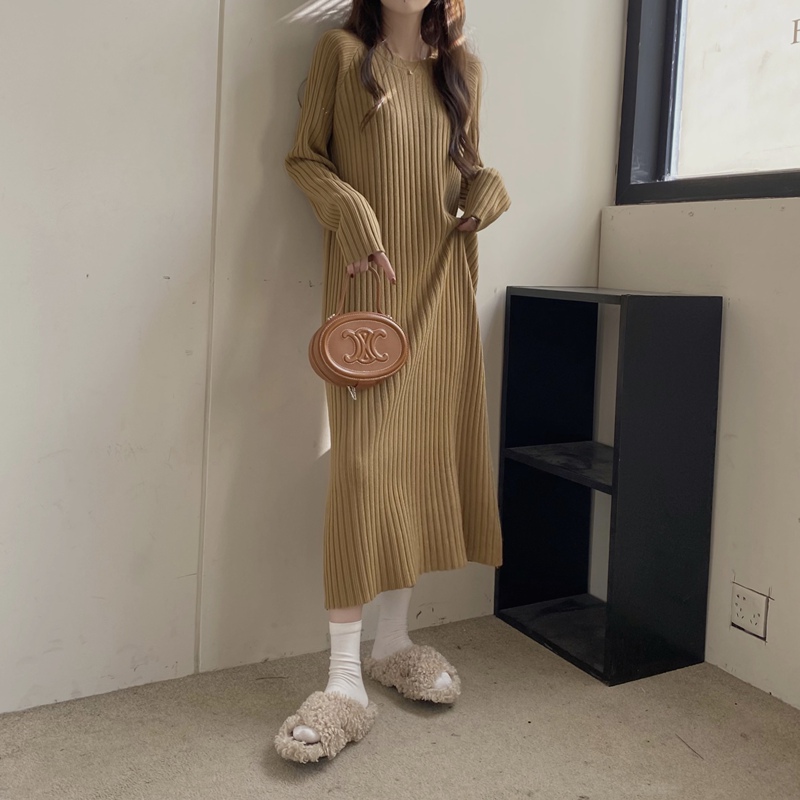 Korean Style Mid-Length Knitted Dress, Round Neck Ribbed Sweater for Women, Plus Size, Loose and Casual, Solid Color Base Dress Korean Style Mid-Length Knitted Dress, Round Neck Ribbed Sweater for Women, Plus Size, Loose and Casual, Solid Color Base Dress