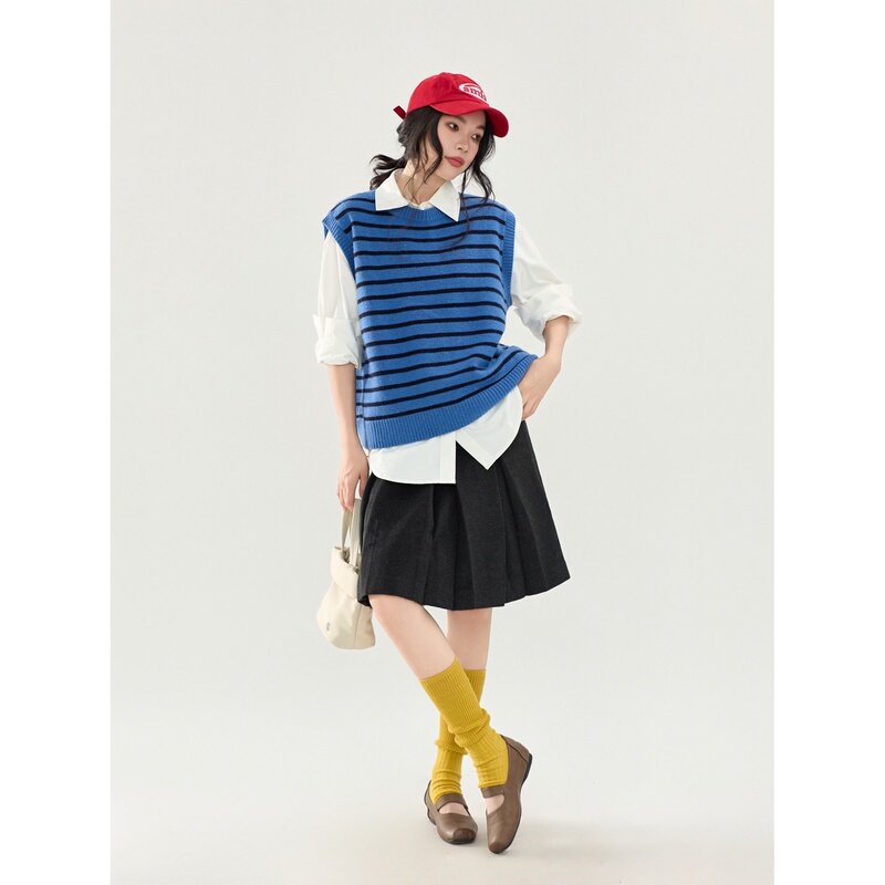 Blue Striped Knit Vest for Women, Thin and Loose-Fitting, Korean Style, Versatile, Layered Sleeveless Sweater Blue Striped Knit Vest for Women, Thin and Loose-Fitting, Korean Style, Versatile, Layered Sleeveless Sweater