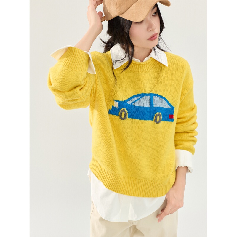 Yellow Retro Car Jacquard Pullover Knit Sweater for Women, Dopamine Thin Style, Rolled Edge Long Sleeve Sweater Yellow Retro Car Jacquard Pullover Knit Sweater for Women, Dopamine Thin Style, Rolled Edge Long Sleeve Sweater