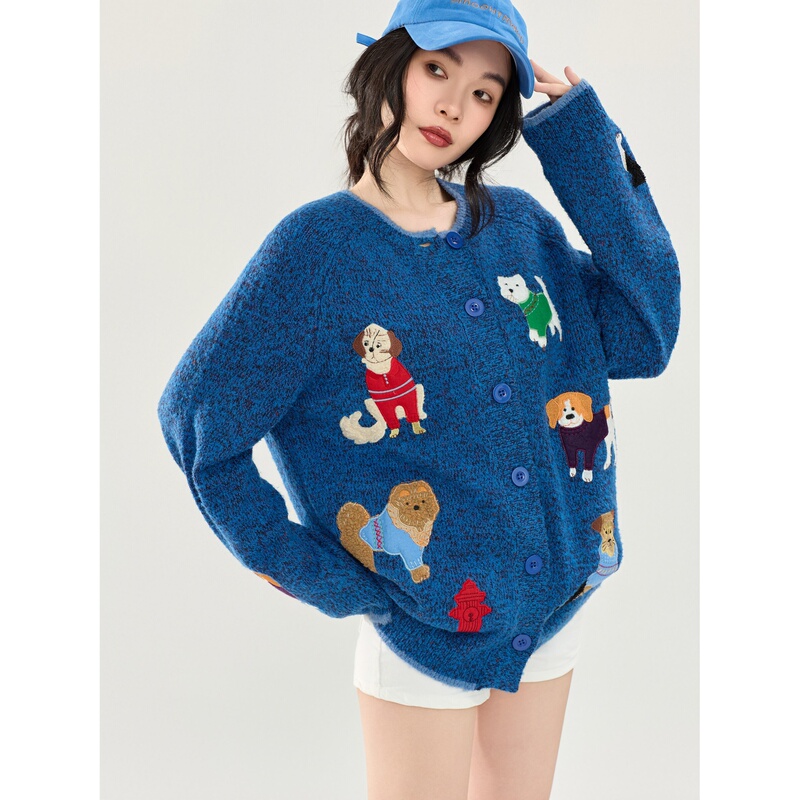 Klein Blue Vintage Dog Patch Embroidered Knitted Cardigan for Women, Lazy Style Soft Sweater Jacket