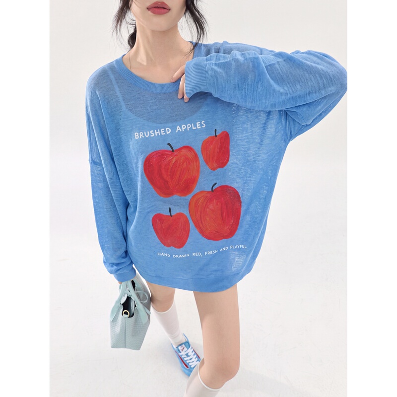 Blue Apple Print Long Sleeve Knitted T-Shirt for Women, Loose Korean Style Dopamine Lightweight Cover-Up Top Blue Apple Print Long Sleeve Knitted T-Shirt for Women, Loose Korean Style Dopamine Lightweight Cover-Up Top