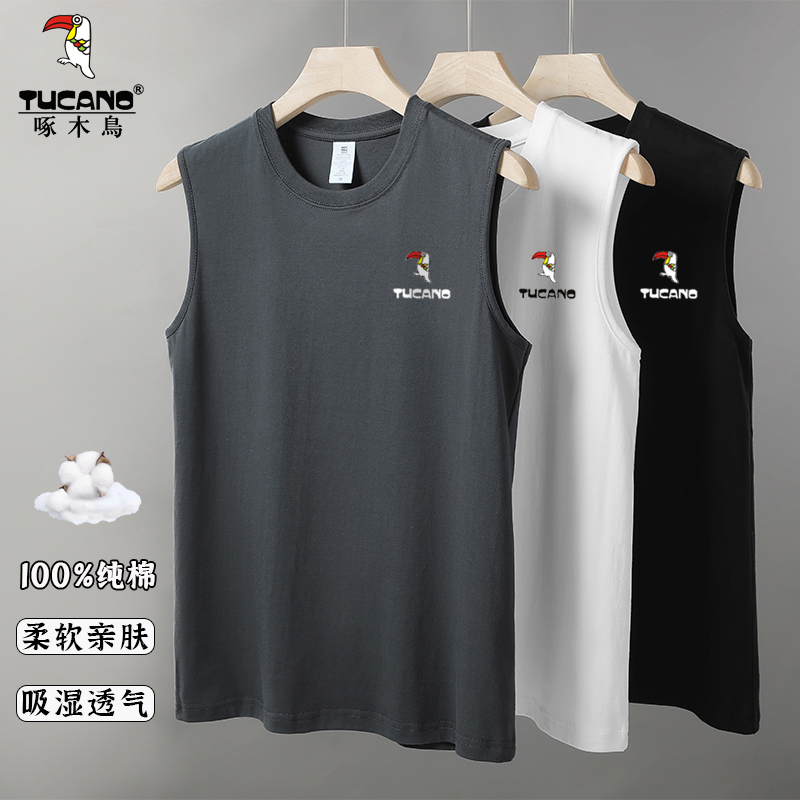 Woodpecker 100% Pure Cotton Vest for Men, Summer Loose-Fitting Sleeveless Tank Top, Fitness Sports Short T-Shirt, Base Layer T-Shirt