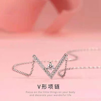 S925 fashion V shaped sterling silver necklace female simple letter neck chain Japanese and Korean new choker inlaid gemstone pendant