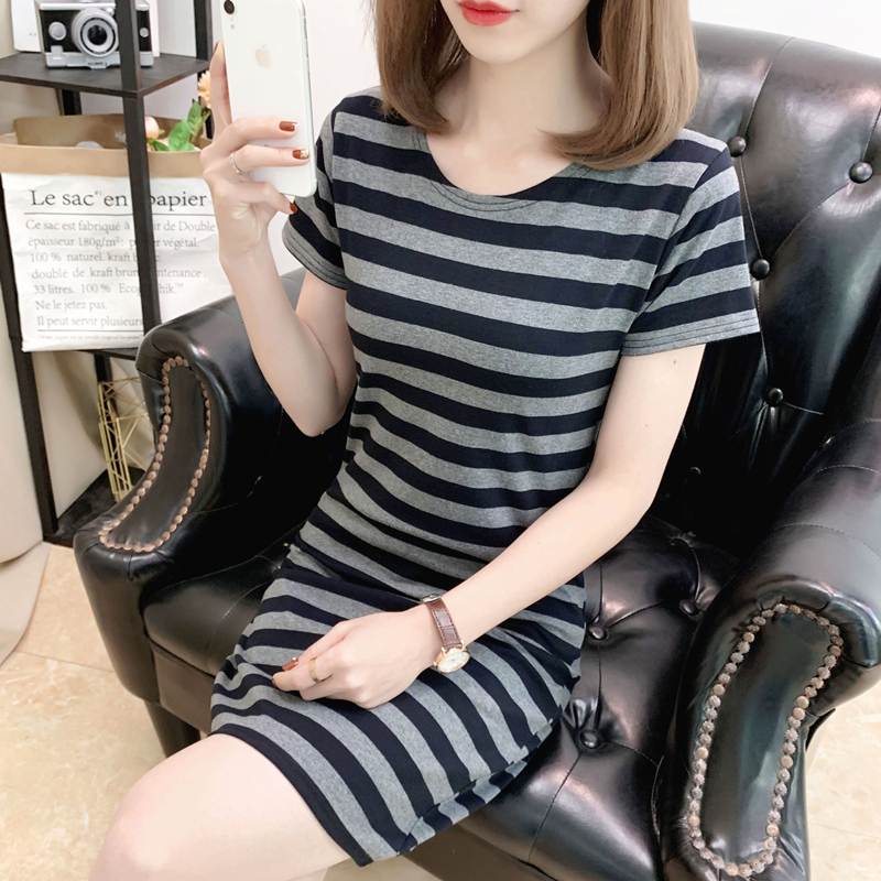 Summer New Women's Dress, Cotton Striped Fairy-Like Round Neck Short-Sleeved Dress, Elegant Slim-Fitting Waist-Hugging Mid-Length Dress
