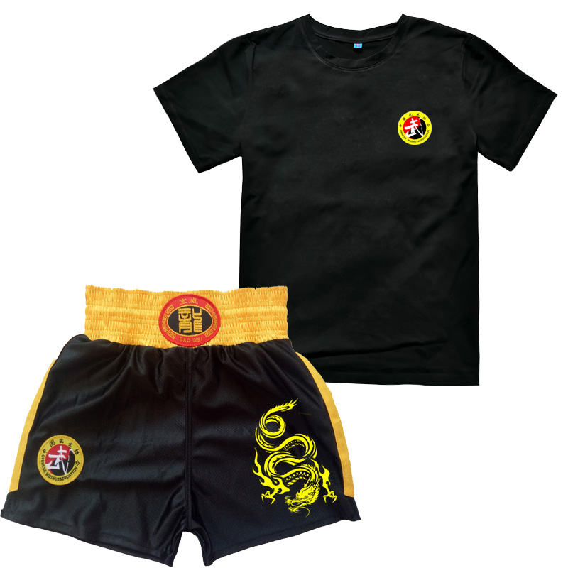 Sanda clothes Short-sleeved T-shirt boxing shorts set Black adult male and female sanda clothes Children's martial arts training clothes