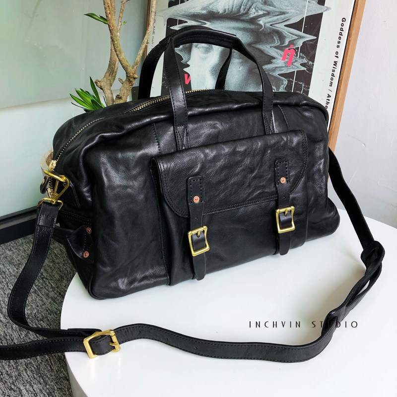 Handmade Retro Pleated Vegetable Tanned Top Layer Cowhide Large Capacity Travel Leather Bag Men's Portable Shoulder Messenger Bag