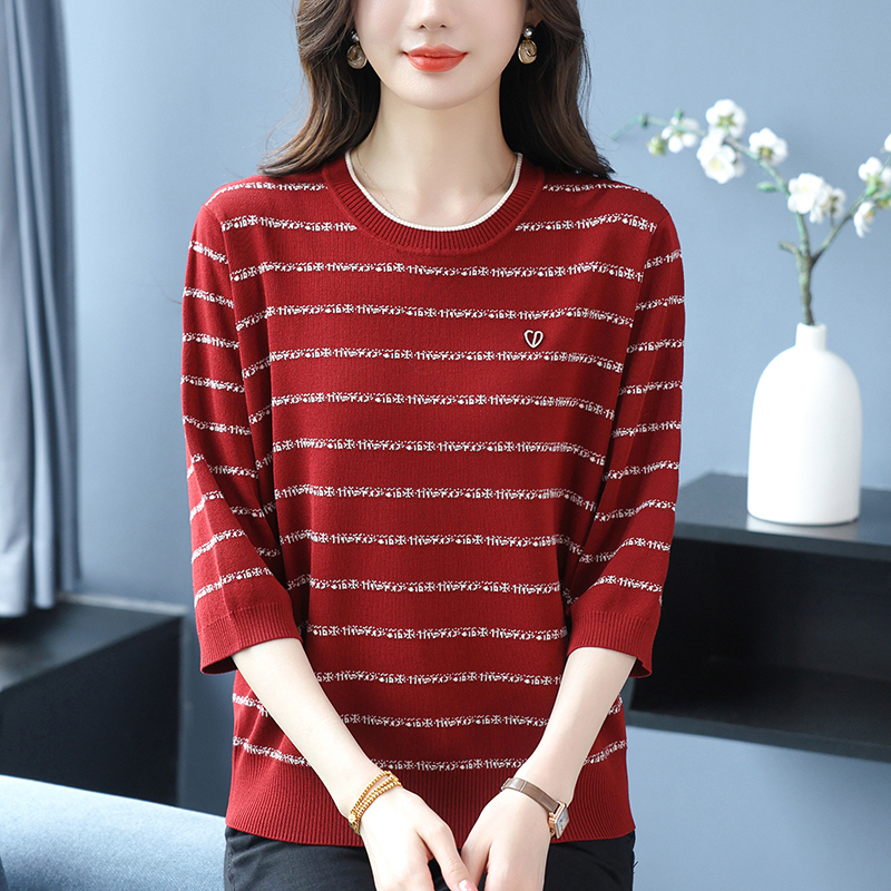 Red Striped Knit Sweater for Women, Thin Round-Neck Pullover, Casual Slim-Fit Top, Silk, Middle-Aged Mom's Summer Wear