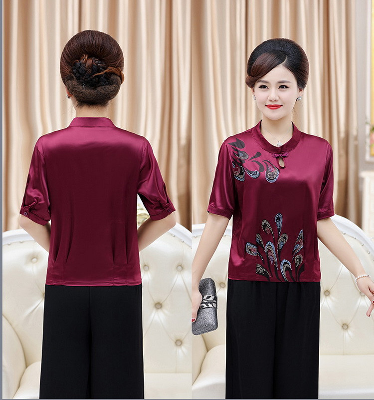 2018 mới tay áo cổ áo cổ áo in T-Shirt phù hợp với phụ nữ trung niên Hàn Quốc phiên bản của khóa ngắn tay áo cộng với quần quần ống suông cho tuổi trung niên