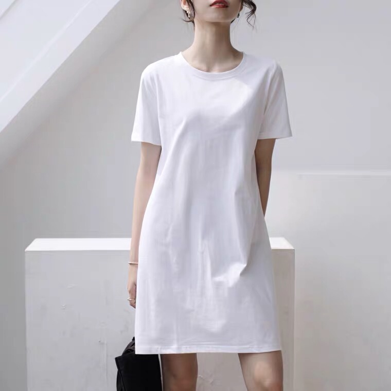 Pure Cotton Nightgown for Women, Summer Solid Color Korean Style Short-Sleeved Thin Pajamas, Loose Large Size Mid-Length White Base Shirt